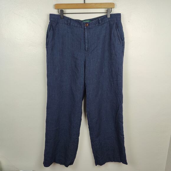 Lauren Ralph Lauren Andover Pant Womens 14 Navy Blue Stripe‎ Linen Wide Leg - Picture 1 of 9